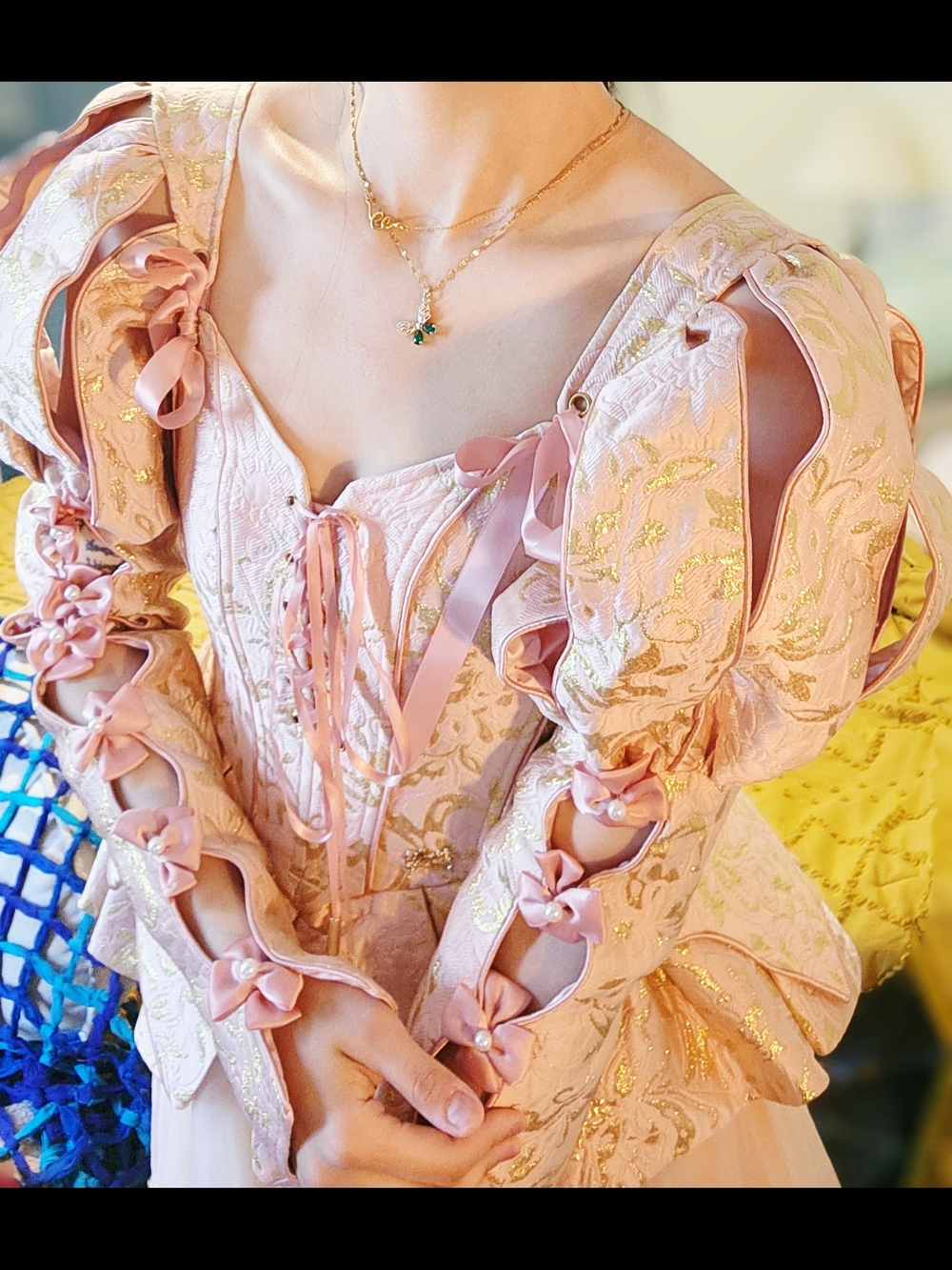 Lacemade Pink And Gold Brocade Corset Dress with Ribbon Details